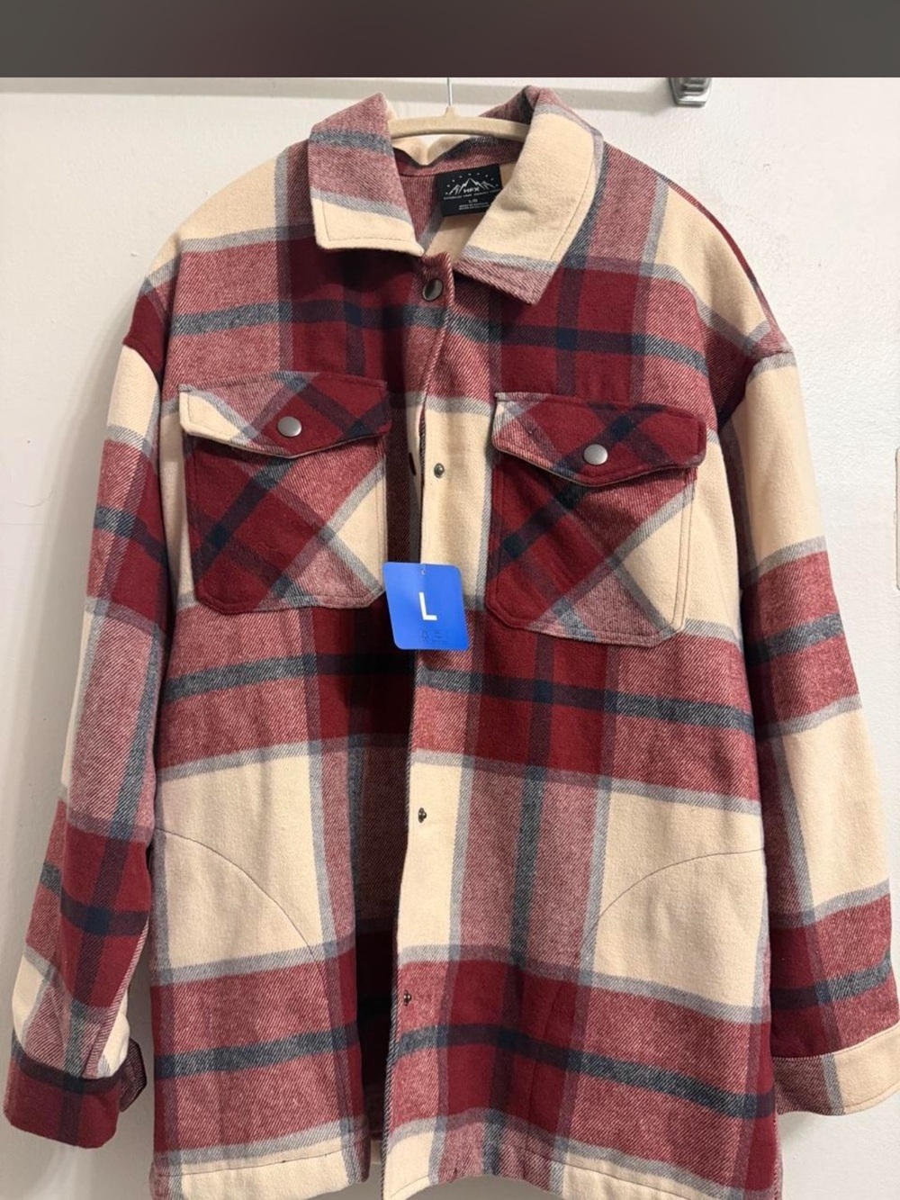 Plaid Button-Down Shirt Jacket in Red and Cream - Large